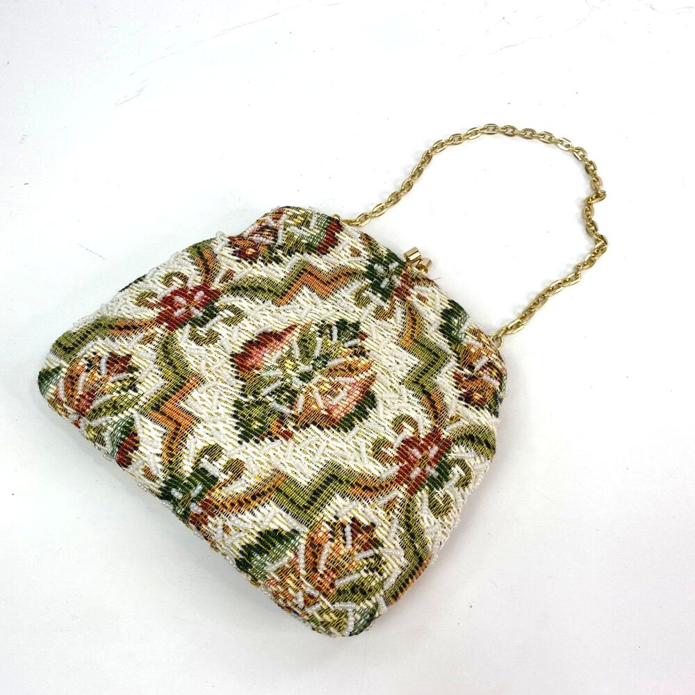 Vintage Regal Small Beaded Tapestry Purse Chain Handle or Kiss Clutch Hong Kong